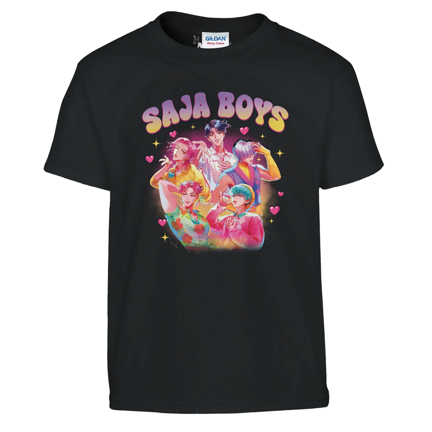 Black t-shirt with colorful graphic and 'Saja Boys' text on a white background