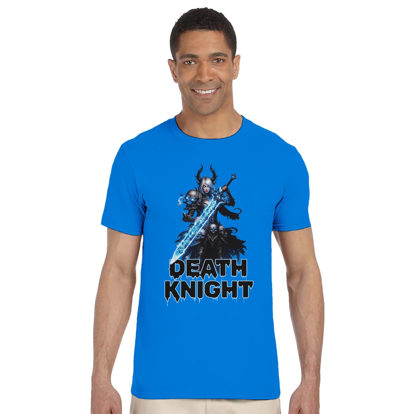 Man wearing a blue t-shirt with a 'Death Knight' graphic design on a white background, world of warcraft tee