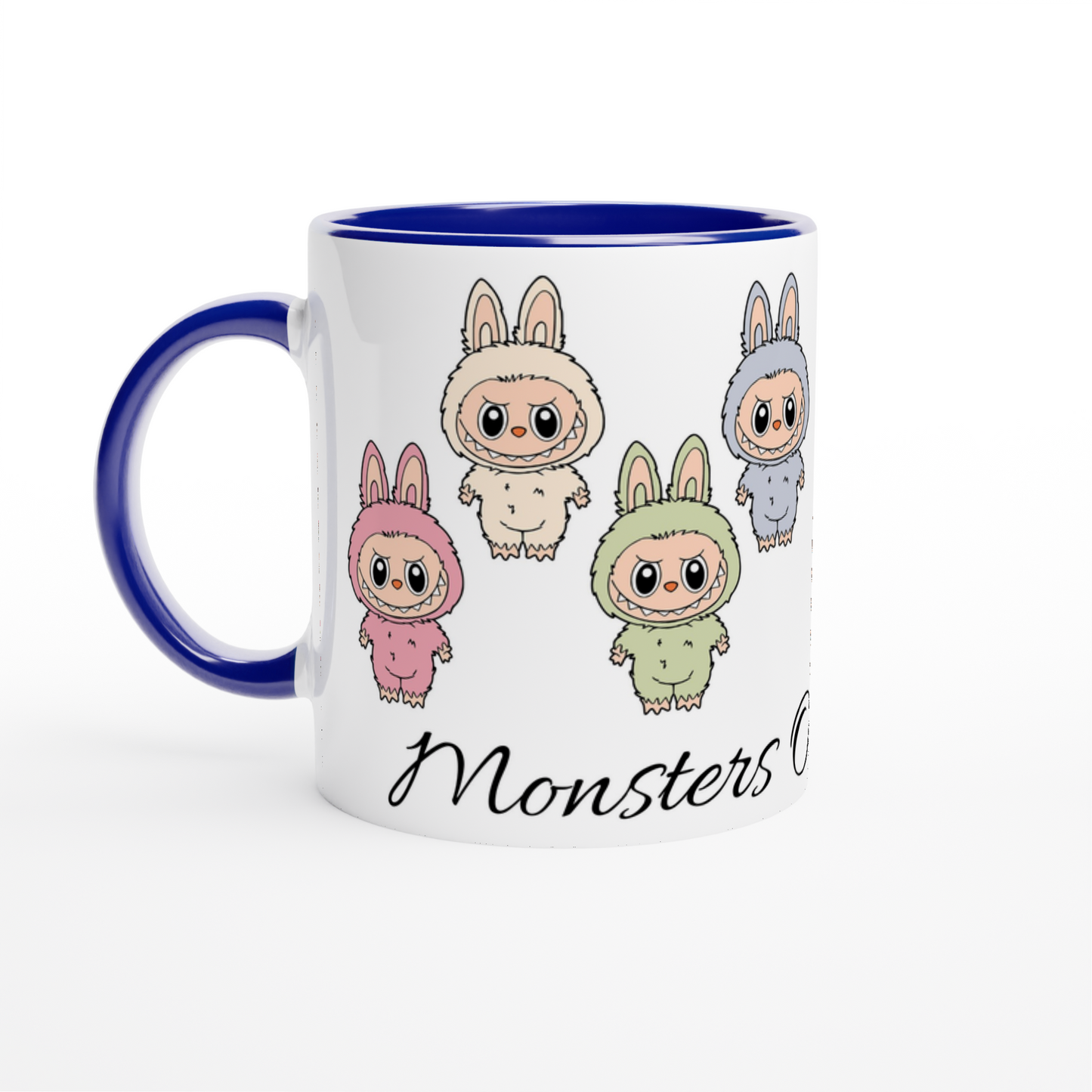 Mug with cartoon monsters in colorful outfits on a white background