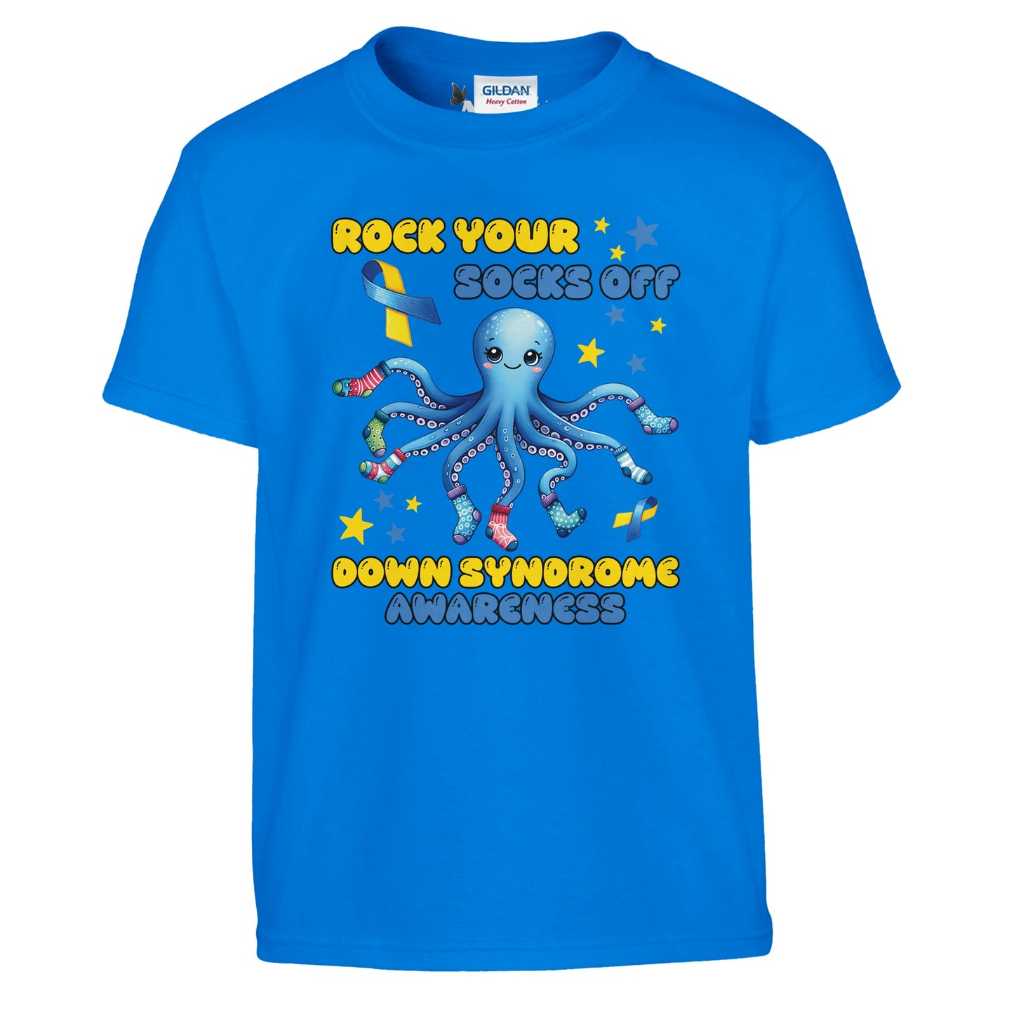 Blue kids t-shirt with an octopus graphic and Rock your socks text about Down Syndrome awareness on a white background.