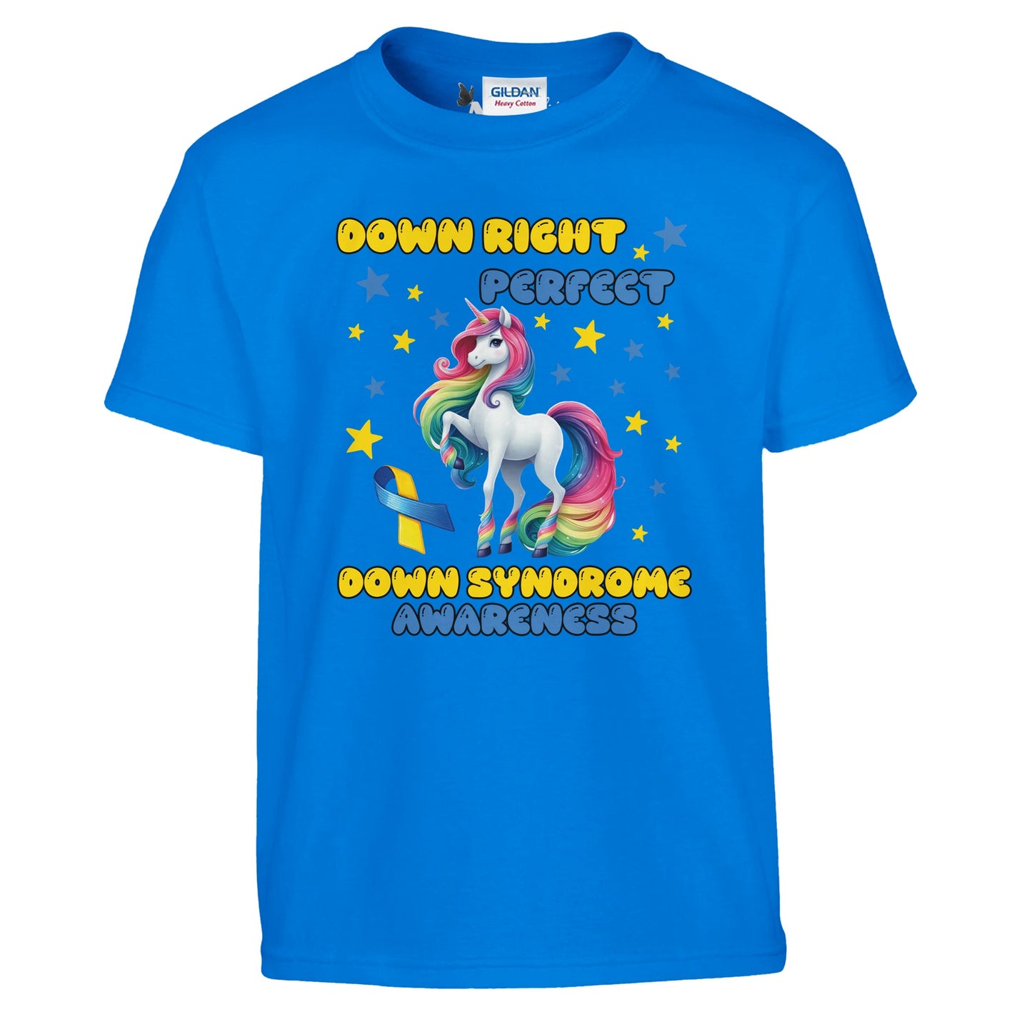 Blue kids t-shirt with a unicorn graphic and text for Down Syndrome Awareness on a white background
