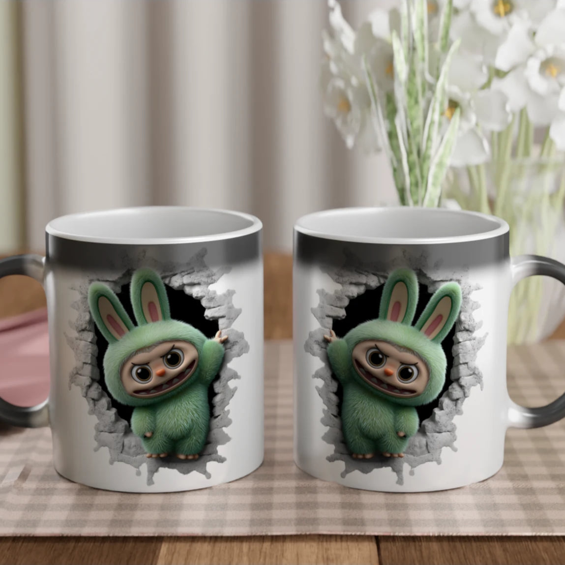 Two mugs with a cartoon character design on a table with a checkered tablecloth.