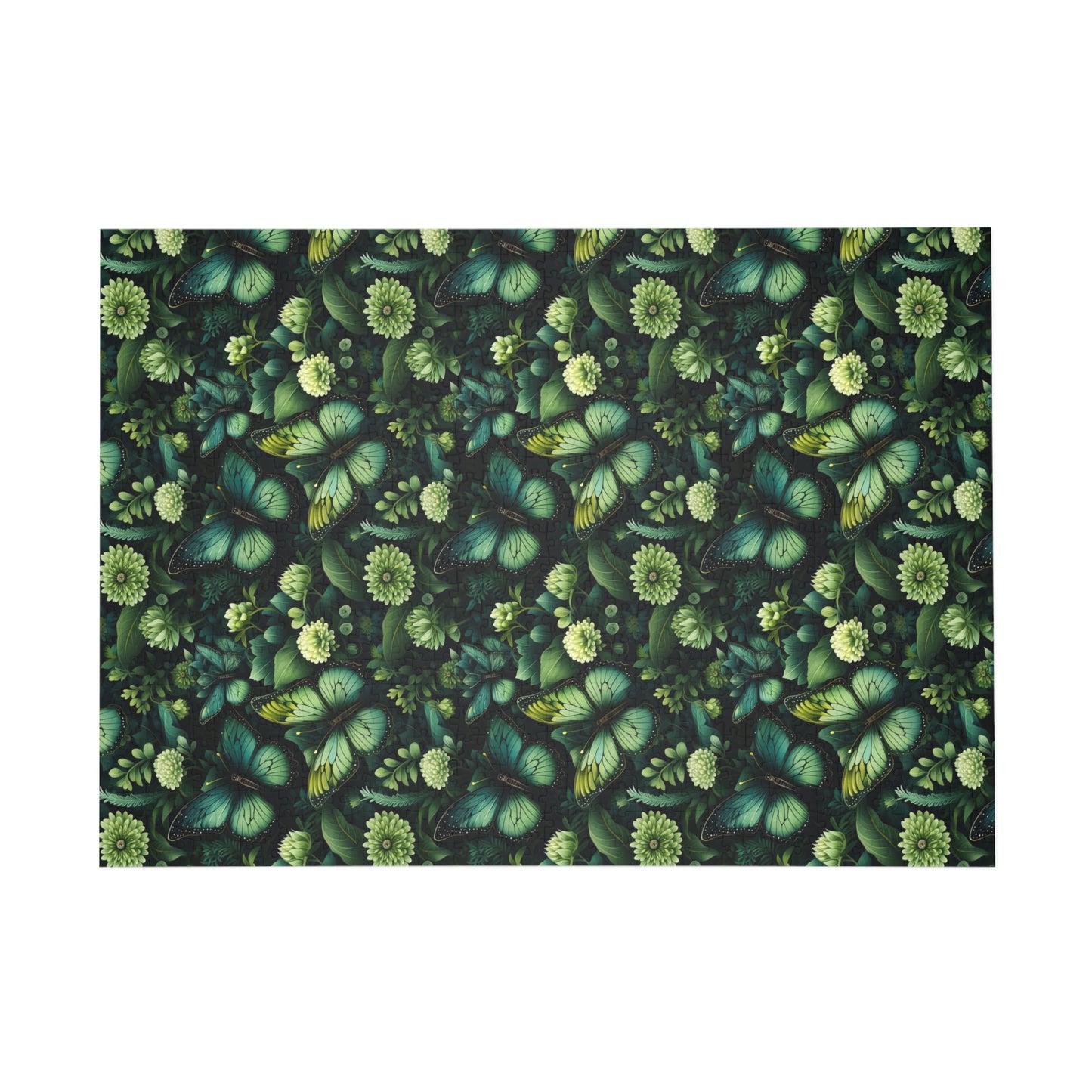 Patterned green fabric with leaves and flowers on a white background