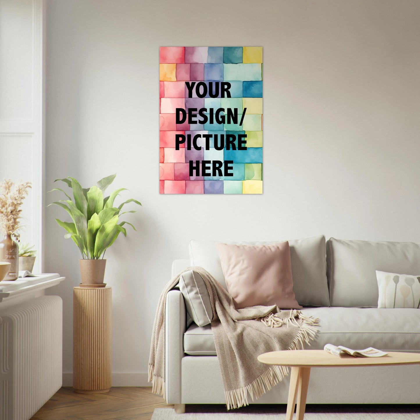 Custom design poster, Colorful abstract wall art in a living room setting with a sofa and decor elements.