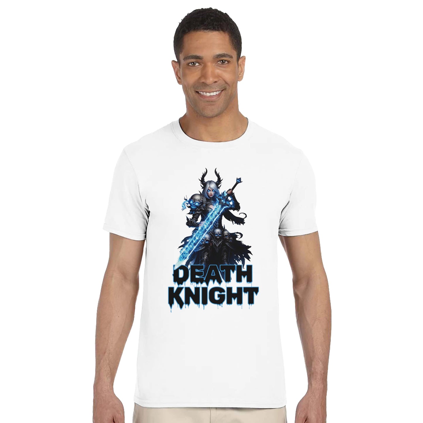 Man wearing a white t-shirt with 'Death Knight' graphic design on a white background