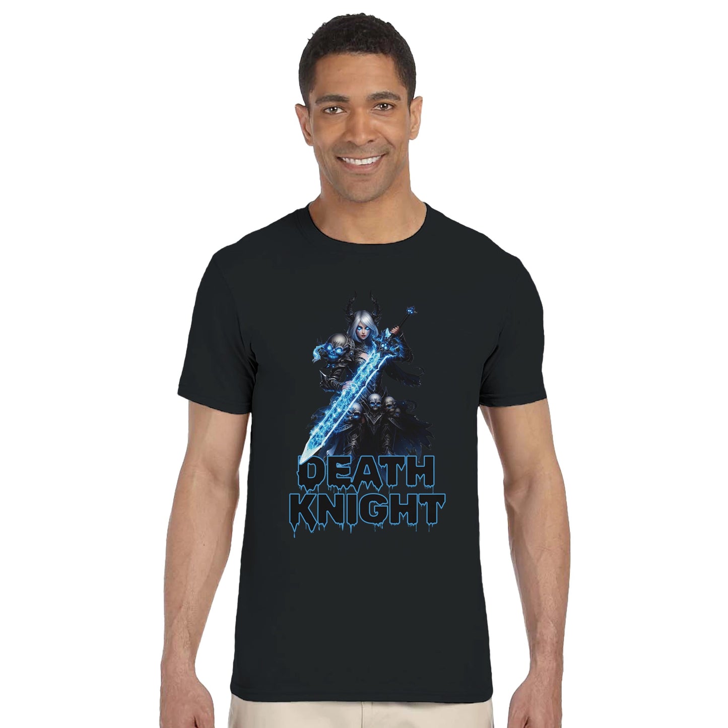 Man wearing a black t-shirt with 'Death Knight' graphic design on a white background, black shirt