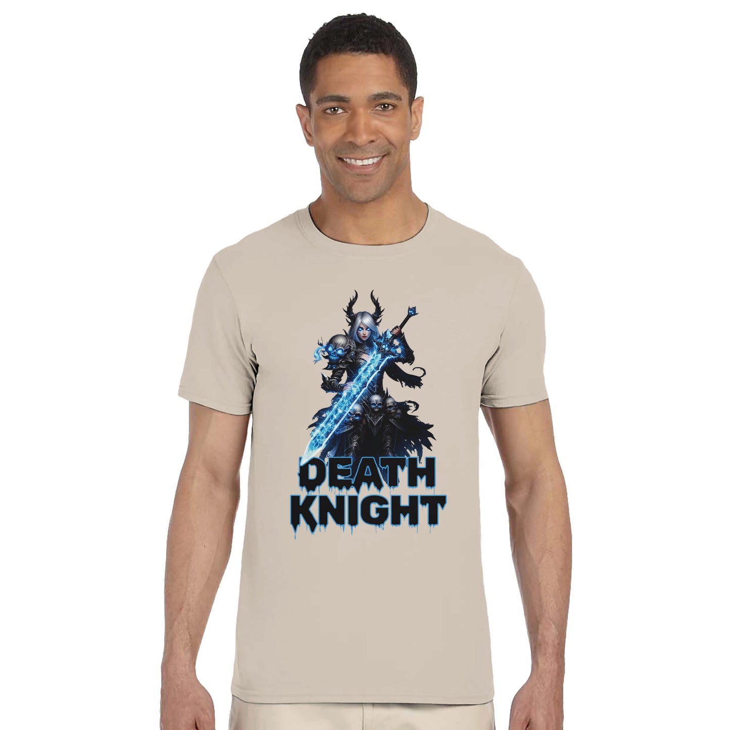 Man wearing a beige t-shirt with a 'Death Knight' graphic design on a white background, Unisex shirt