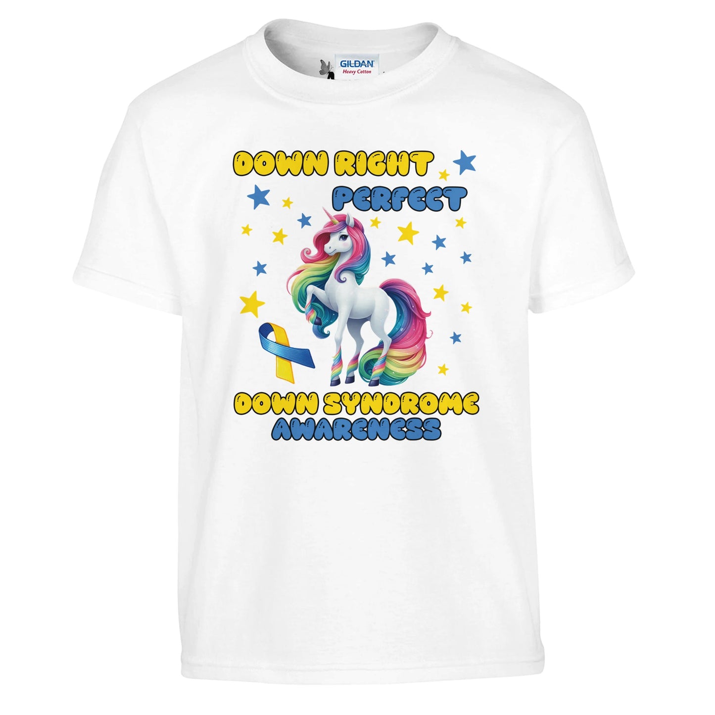 White kids t-shirt with a unicorn design and text for Down Syndrome Awareness on a white background