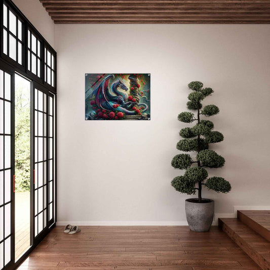 Dragon with Red Roses / Glossy Acrylic Wall Art