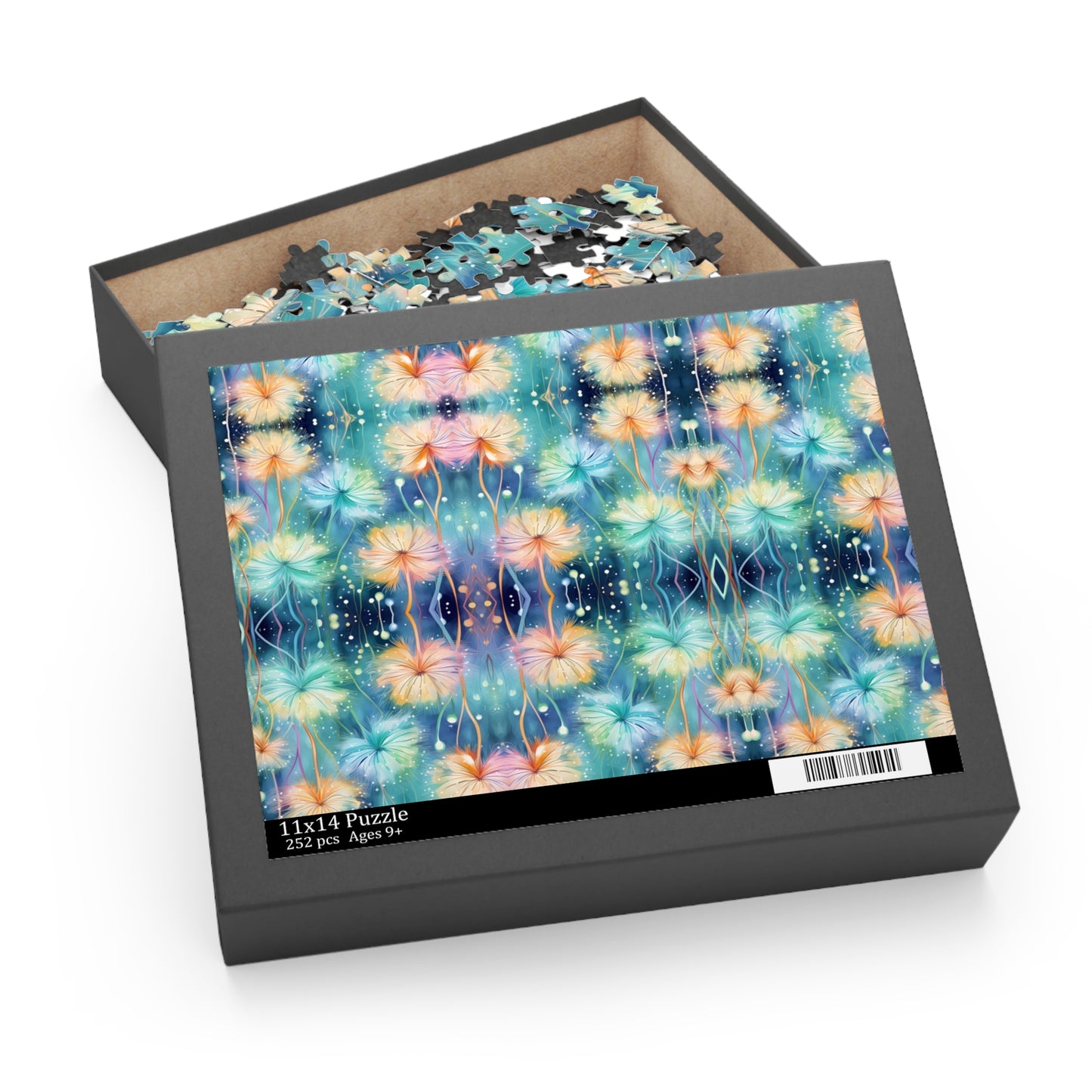 Floral-patterned puzzle box with a partially completed puzzle inside