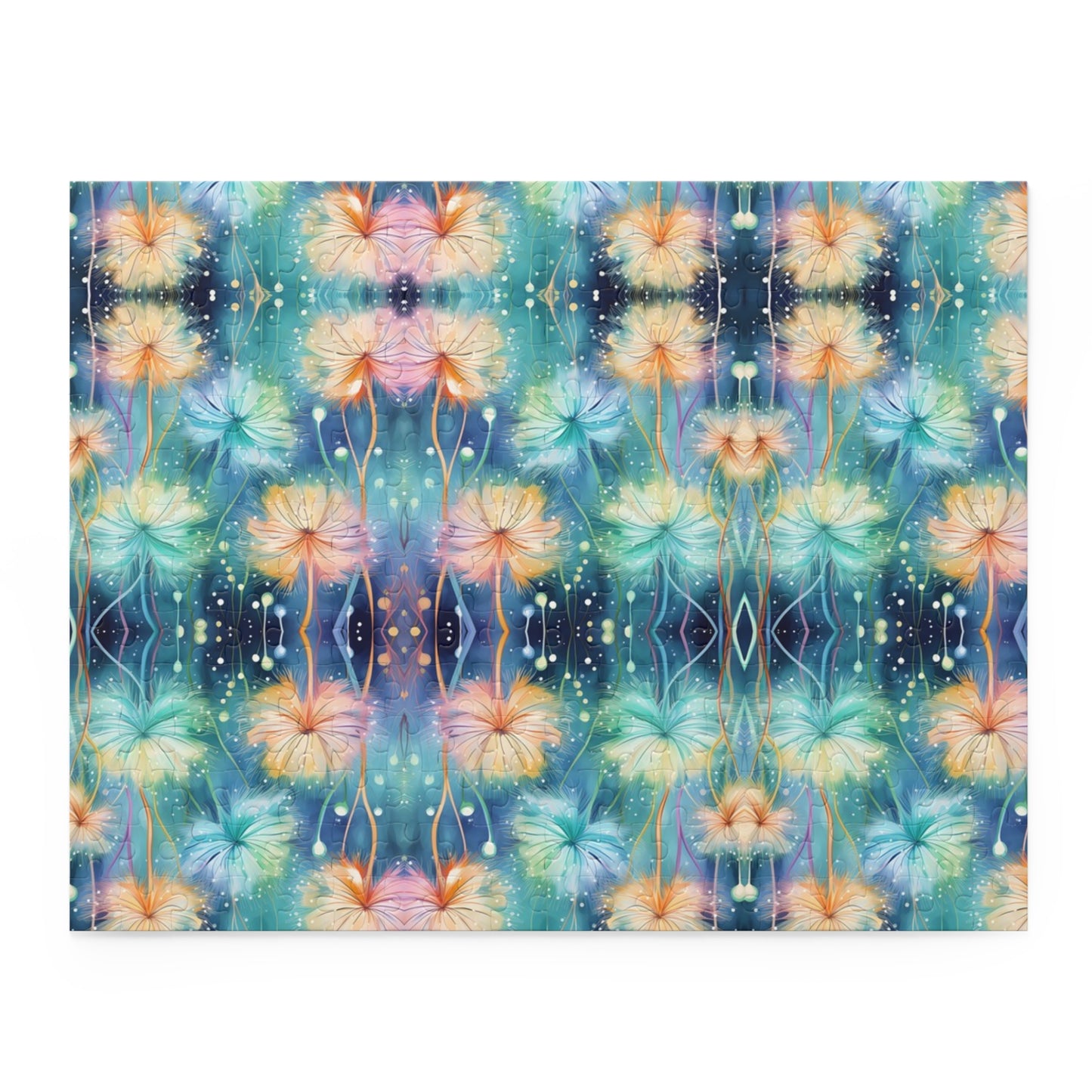 Colorful floral pattern with a blue and green background