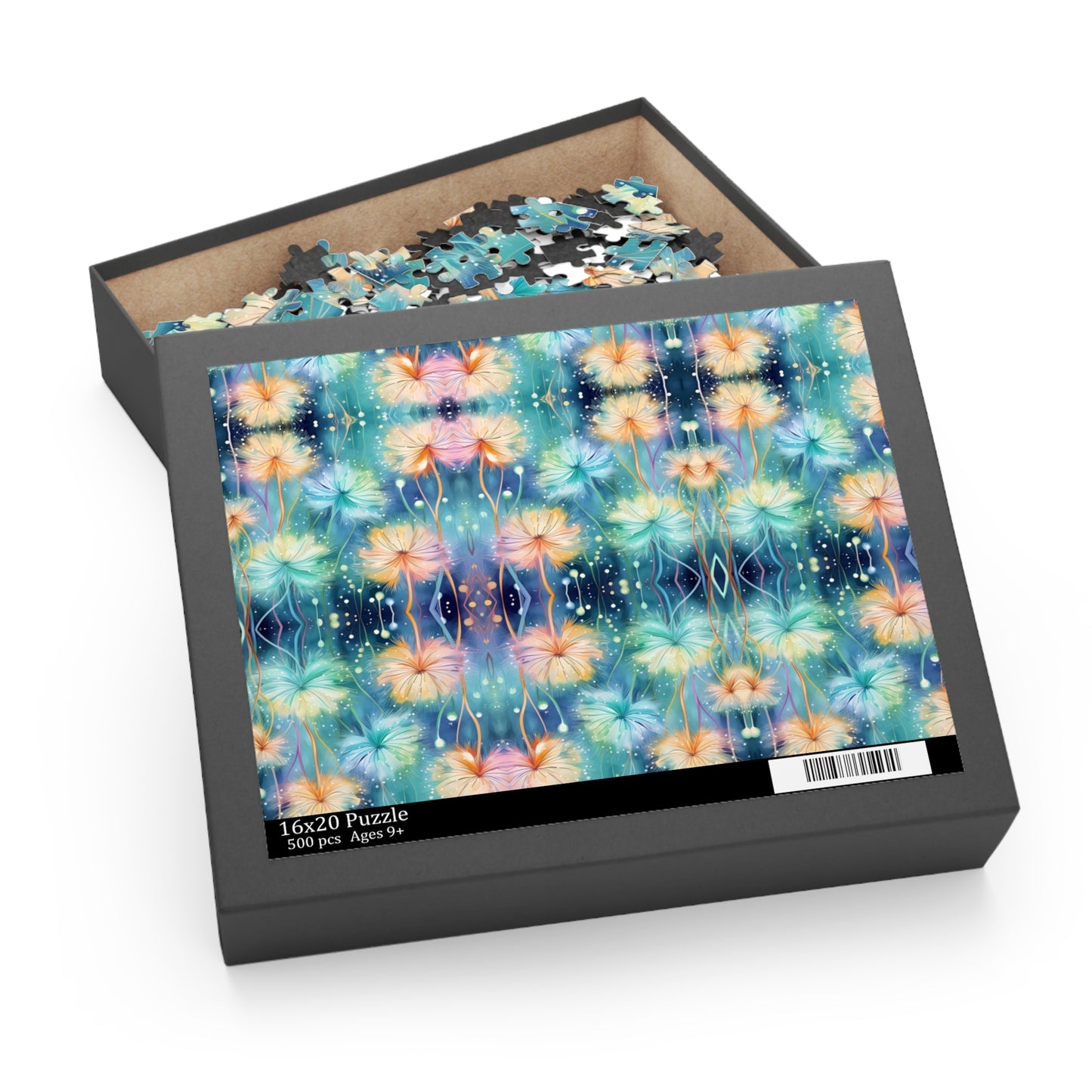 Jigsaw puzzle box with a floral design on the lid