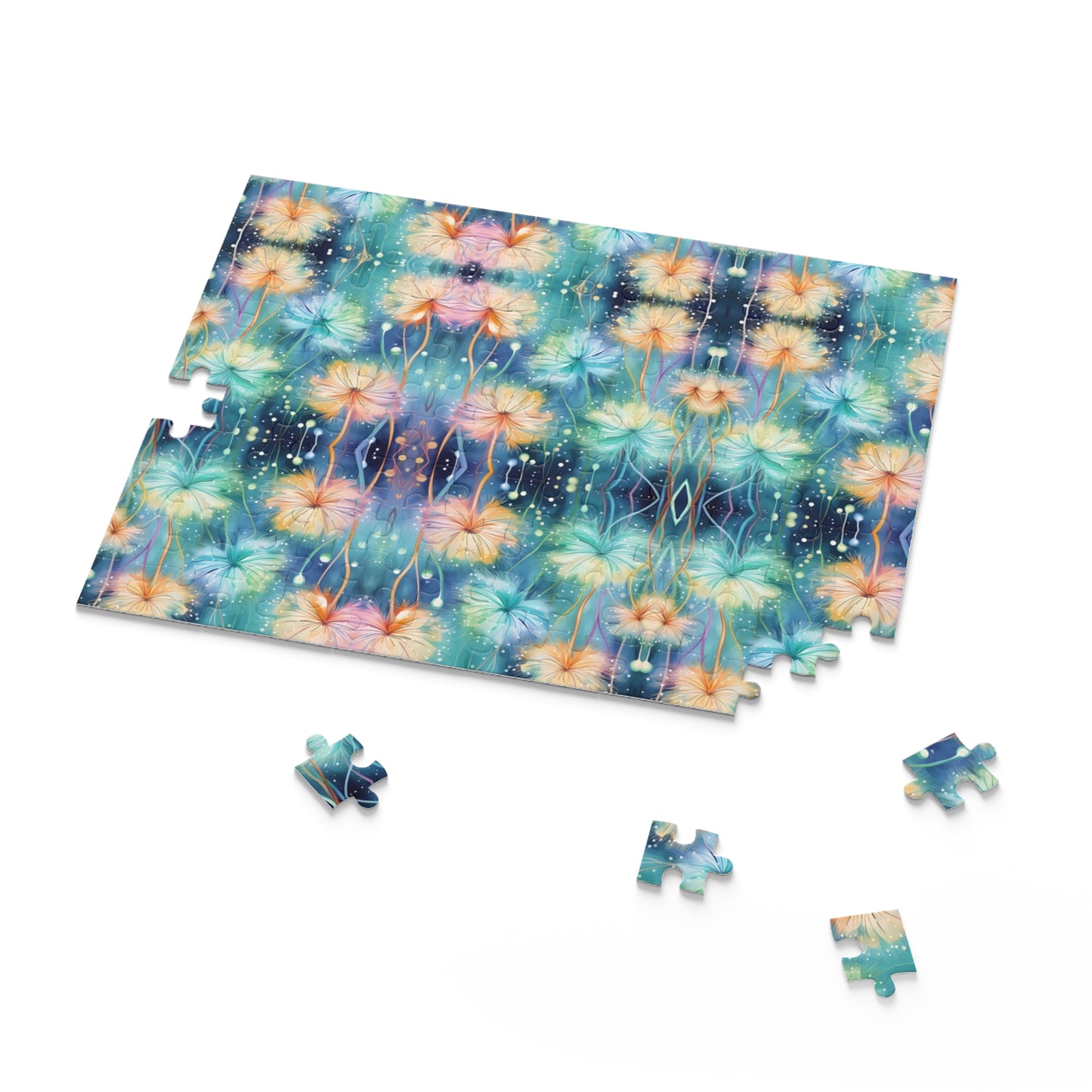 Floral puzzle with missing pieces on a white background