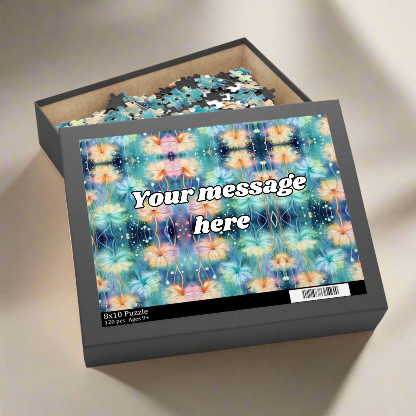 Jigsaw puzzle box with floral design and 'Your message here' text on a light background