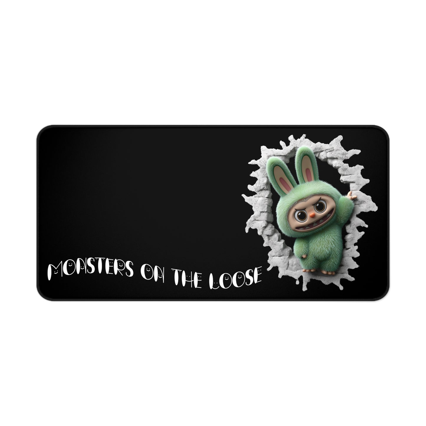 Black mouse pad with a green labubu monster character and 'Monsters on the Loose' text.