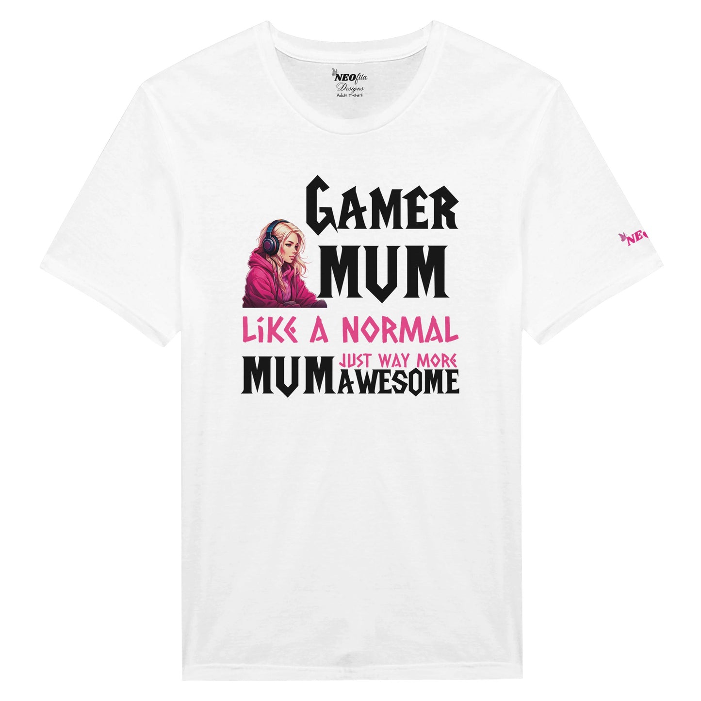 A white crew-neck t-shirt with text and a graphic design related to gaming. text says 'gamer mum like a normal mum just more awesome'