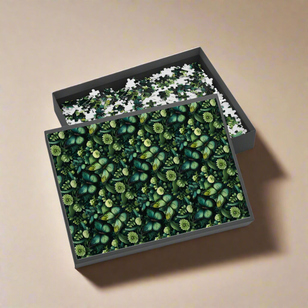 Jigsaw puzzle with green floral design in an open box on a white background