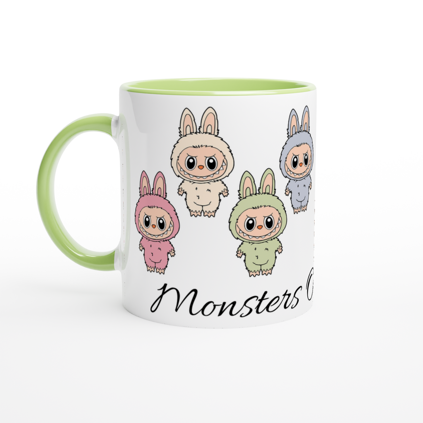 Mug with cartoon monsters in colorful outfits on a white background