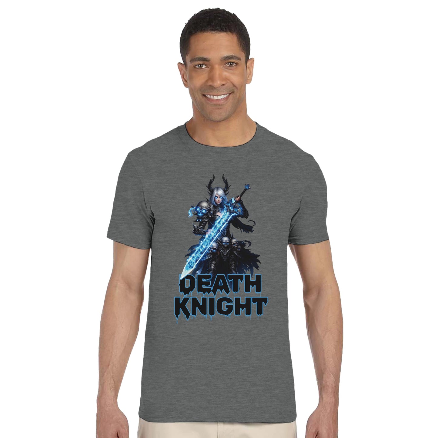 Man wearing a gray t-shirt with 'Death Knight' graphic design on a white background