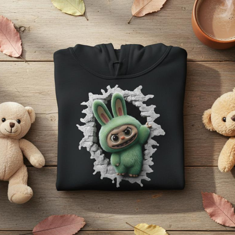 Black hoodie with a green labubu monster character design on a wooden surface with teddy bears and leaves.