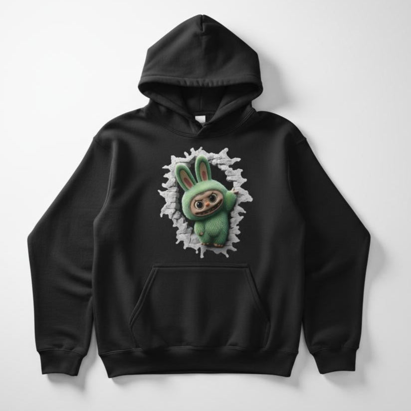 Black hoodie with a green labubu monster character design on a white background