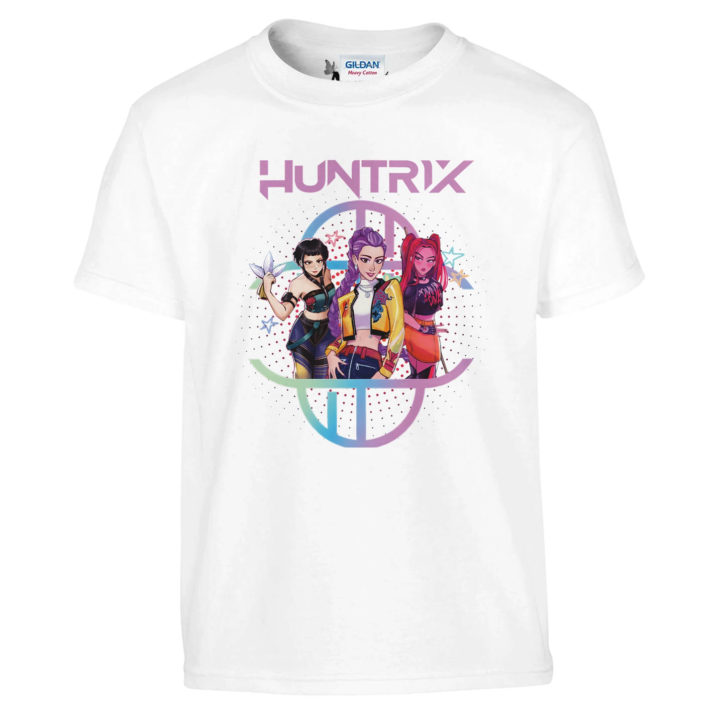 White t-shirt with 'Huntrix' design featuring three characters on a white background