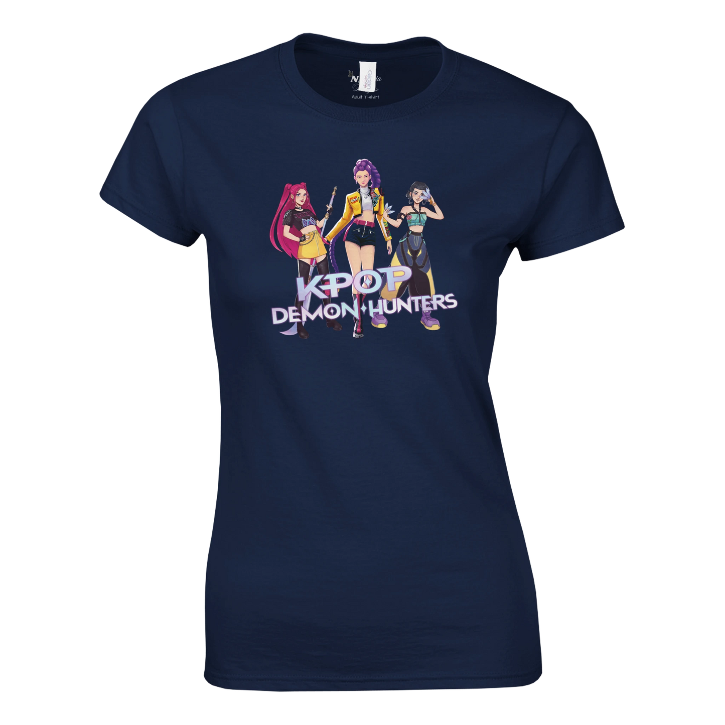 Navy blue t-shirt with 'KPOP Demon Hunters' graphic design on a white background