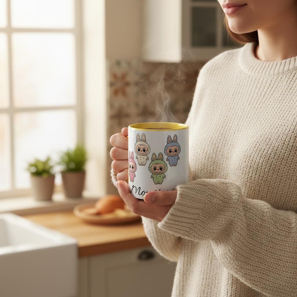Person holding a mug with cartoon characters in a kitchen