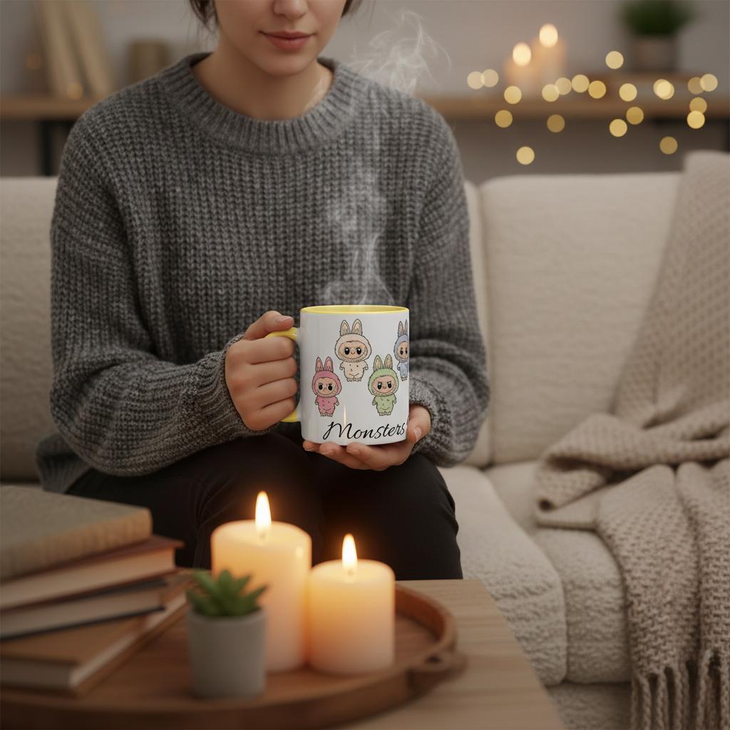 Person holding a mug with cartoon characters in a cozy living room setting.