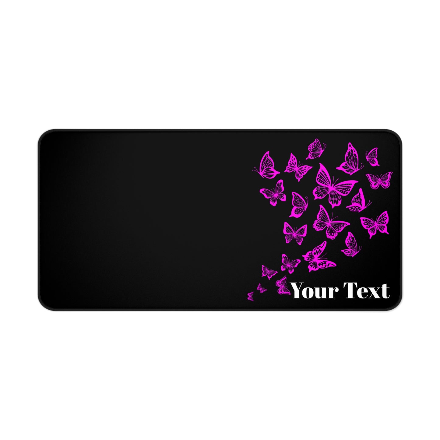 Black large mouse and keyboard pad with pink butterflies and customizable text on a white background