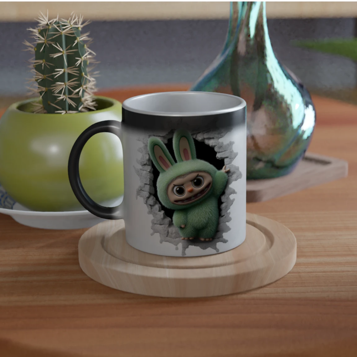 Mug with a sloth design on a wooden table with plants and a vase.
