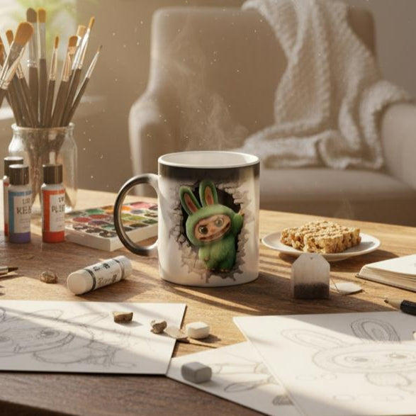 Artistic workspace with labubu mug on the table