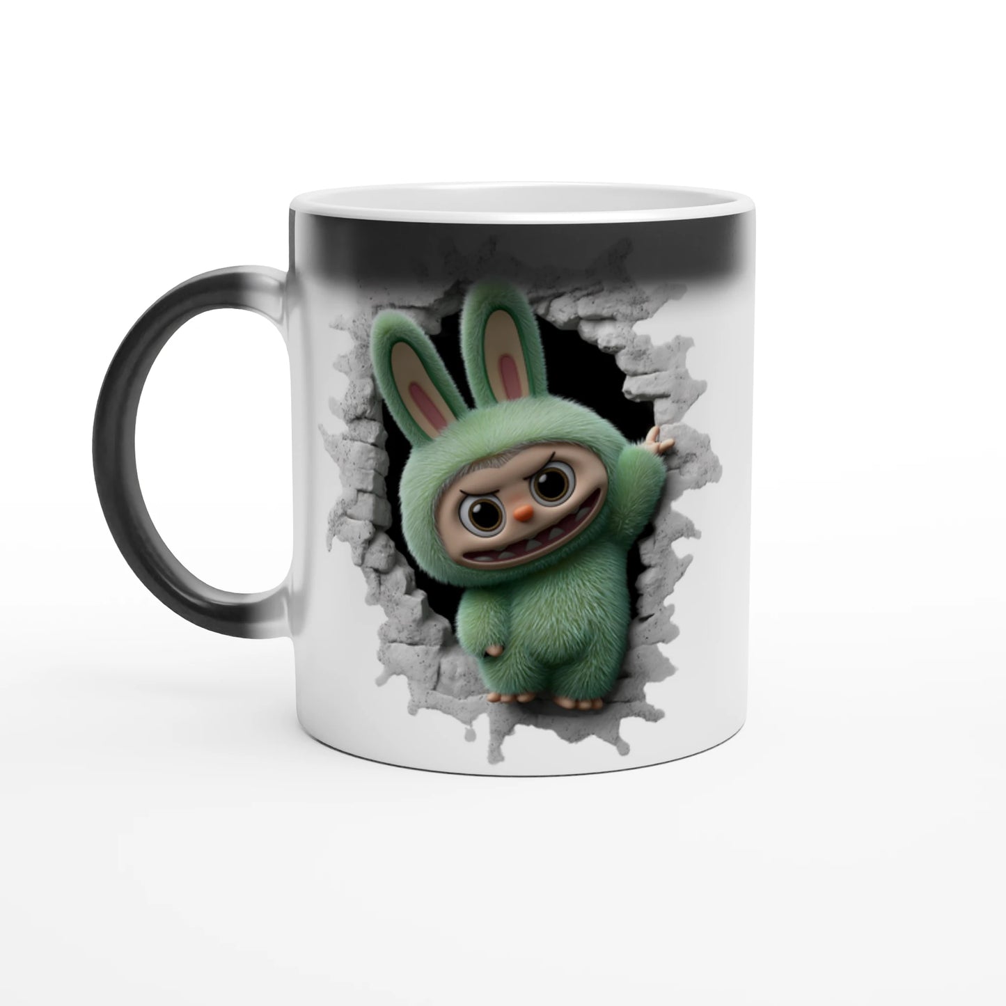 Mug with a cartoon character peering through a hole in the wall design