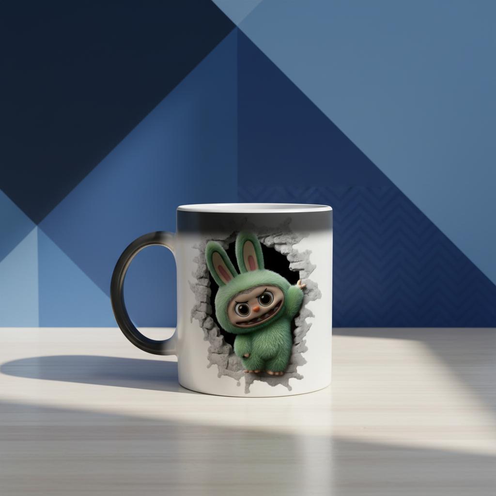 Mug with a character in a labubu monster peering through a hole on a blue geometric background
