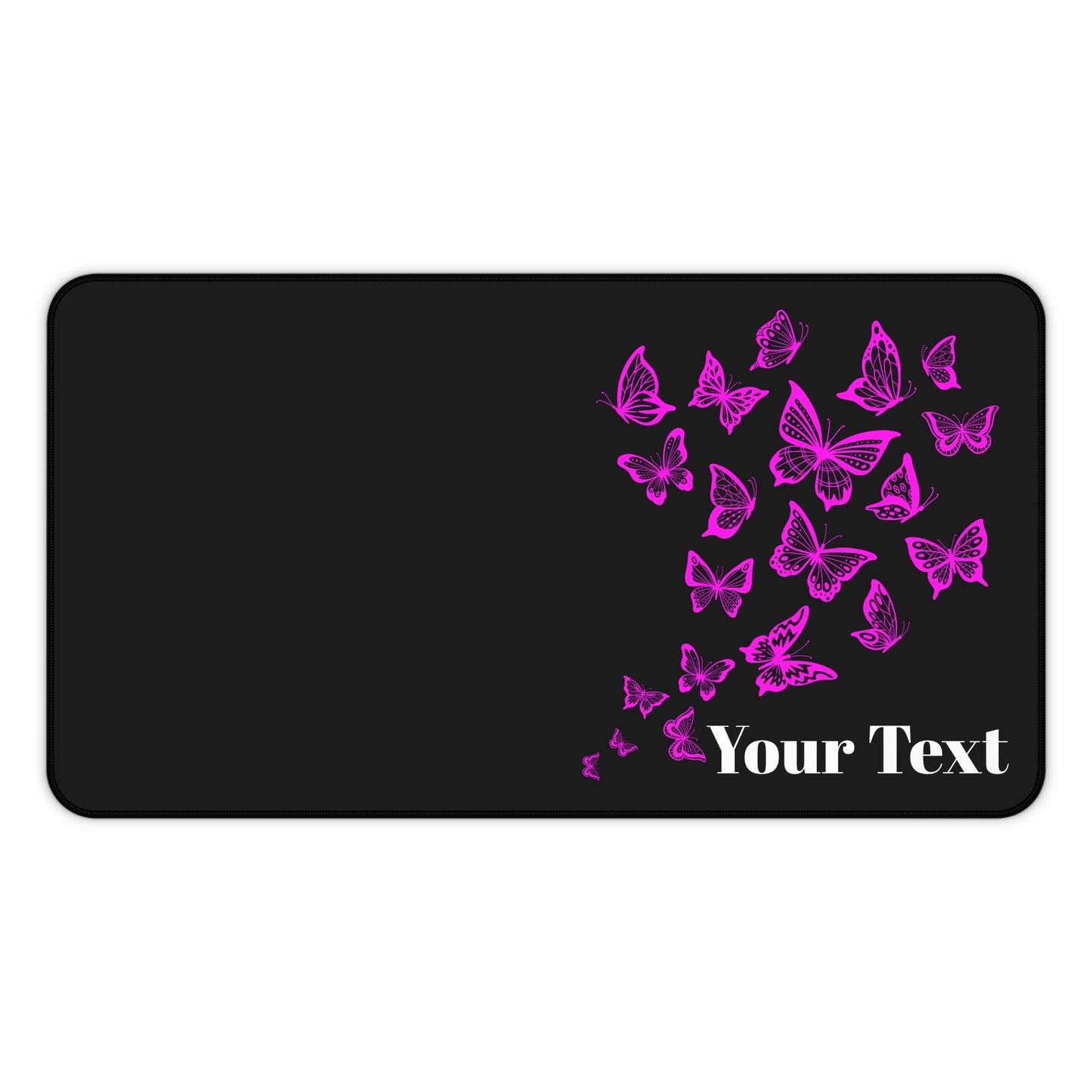 Black card with pink butterflies and 'Your Text' placeholder on a white background