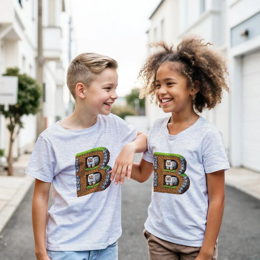 Two children wearing Minecraft-themed t-shirts standing on a street.