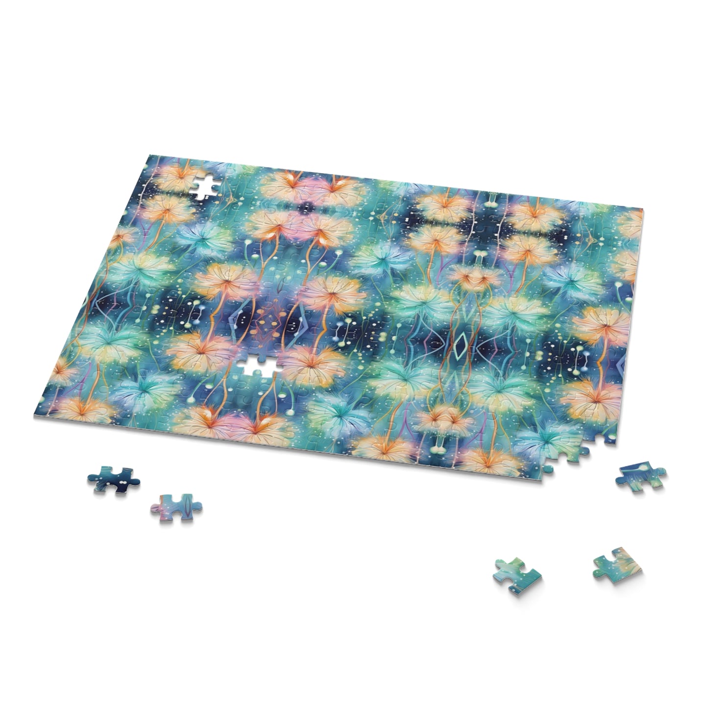 Floral patterned puzzle with missing pieces on a white background