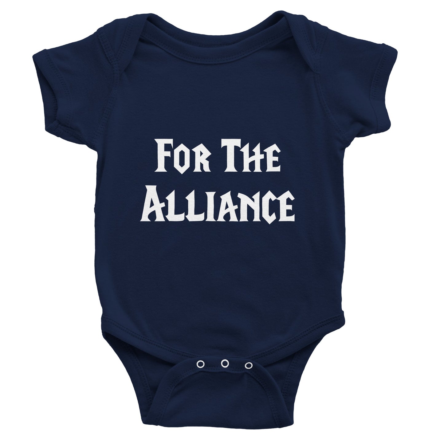 Navy blue baby onesie with 'For The Alliance' text on a white background