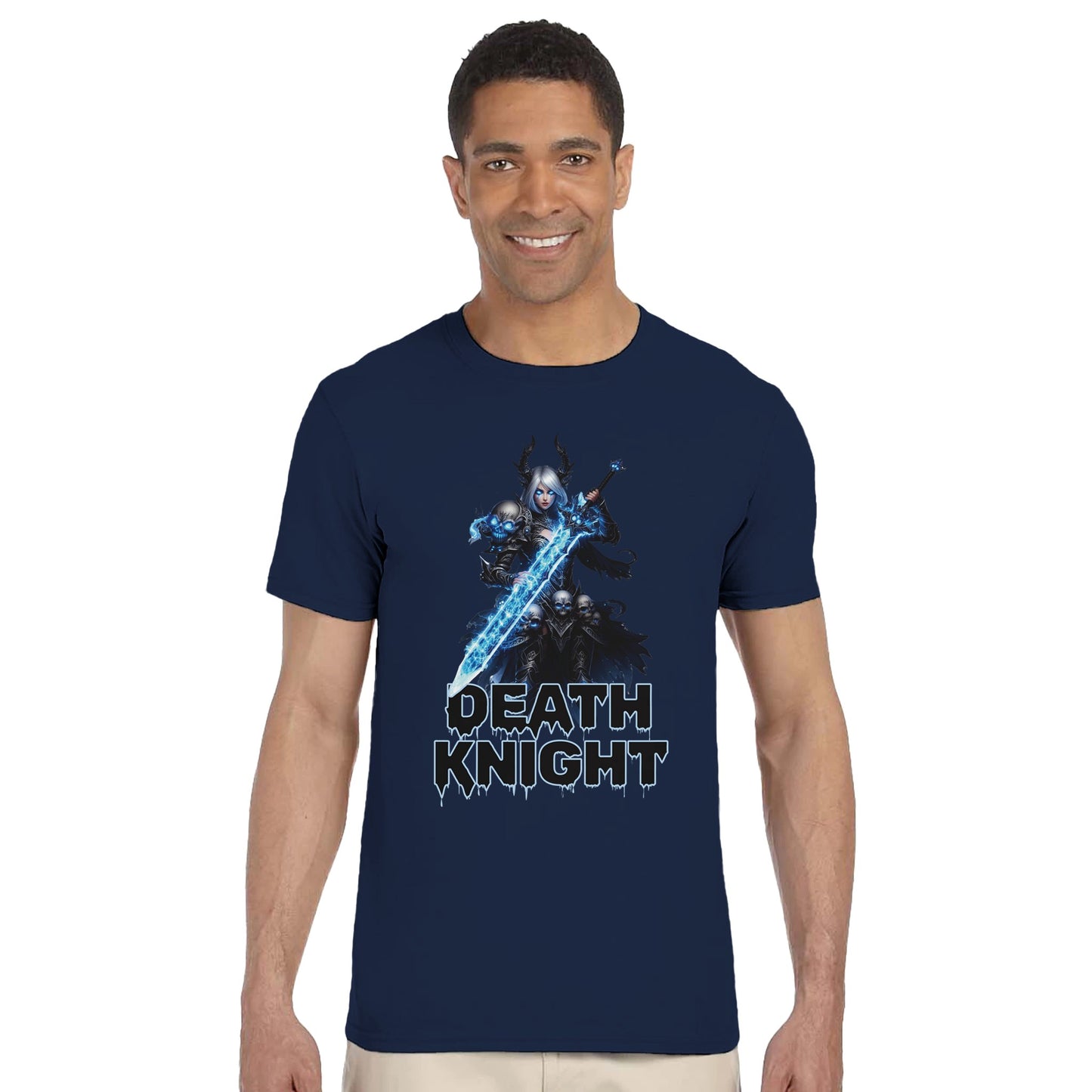 Man wearing a navy blue t-shirt with 'Death Knight' graphic design on a white background, world of warcrat gift