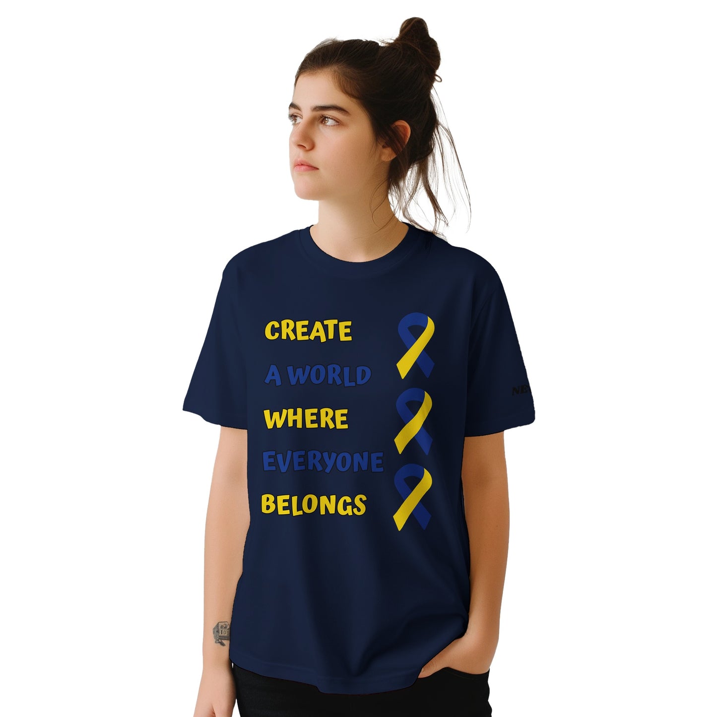 dwon syndrome awarness day shirt, Person wearing a navy blue t-shirt with motivational text and yellow ribbon design.