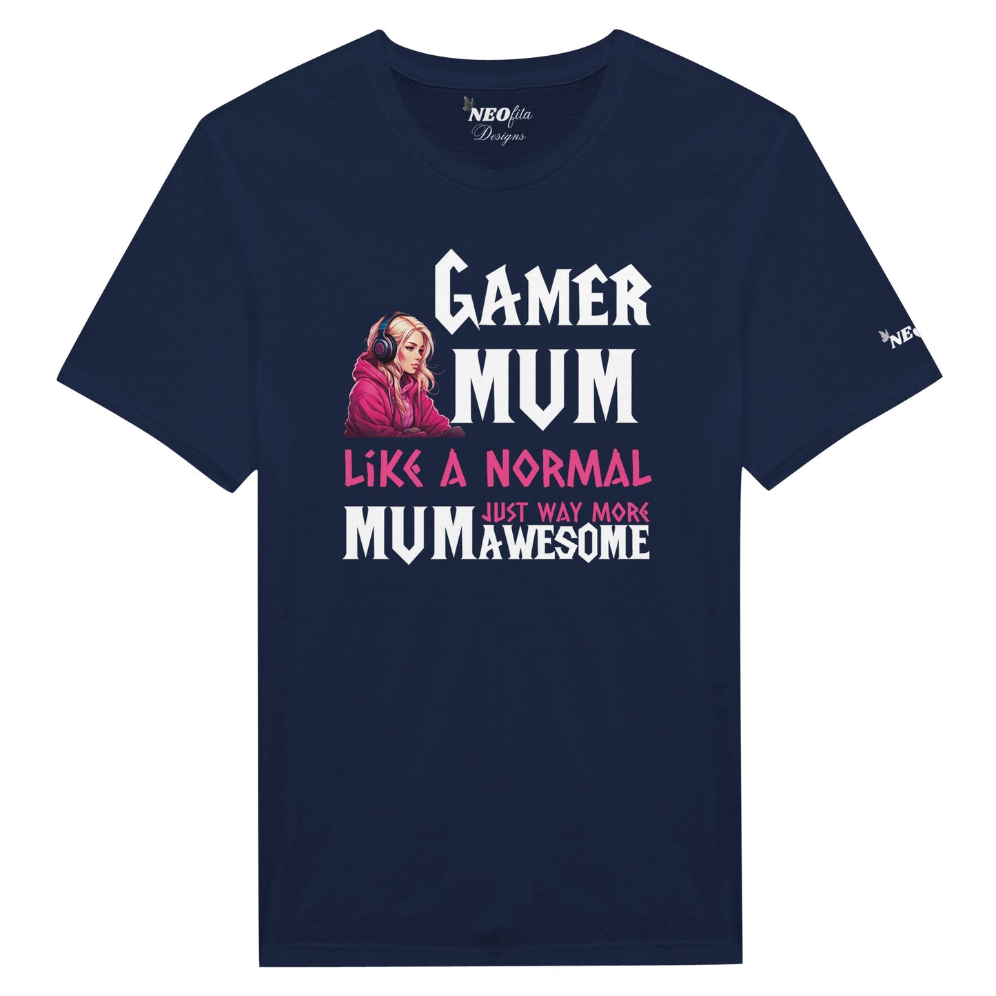 A navy blue t-shirt with a graphic print of a gaming controller and the text 'GAMER MUM like a normal MUM just way AWESOME'.
