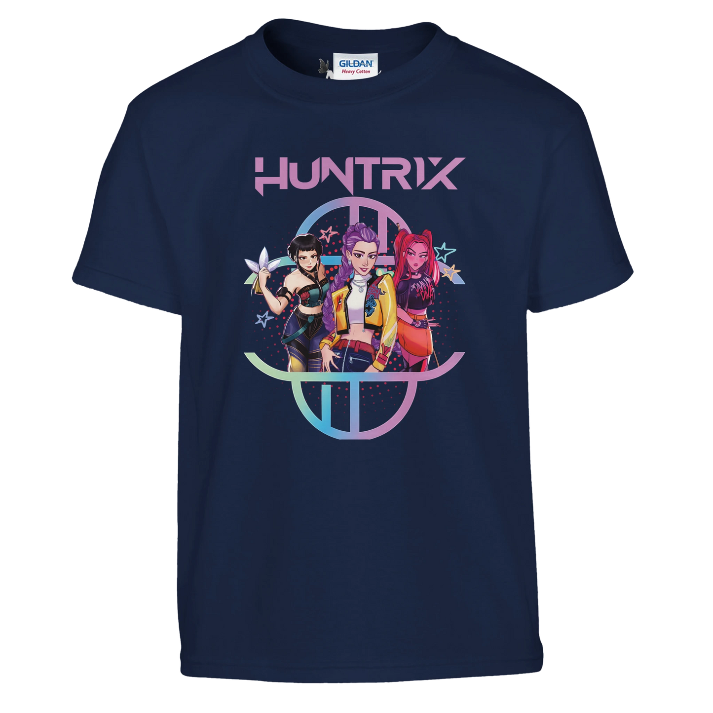 Navy blue t-shirt with 'HUNTRIX' graphic design featuring three characters on a white background.