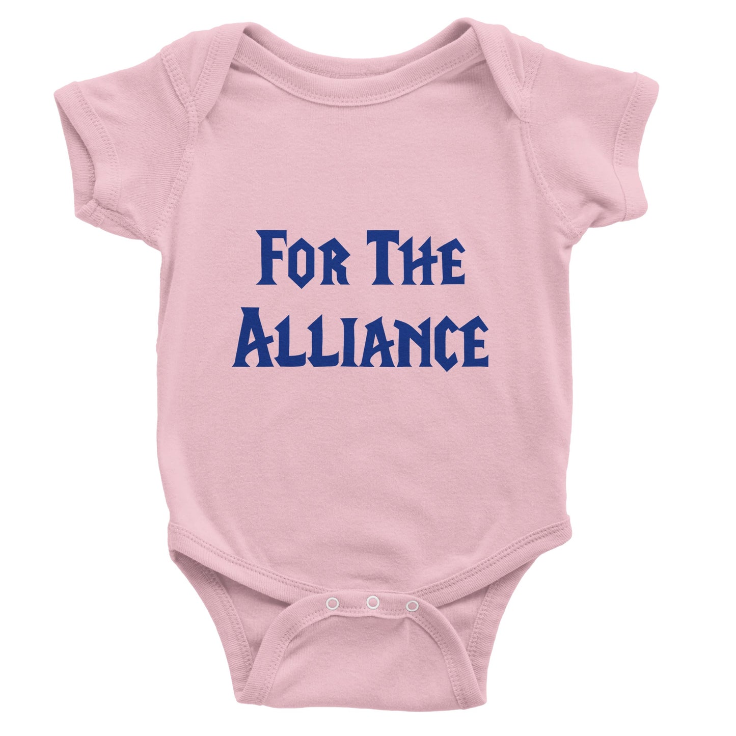 Pink baby onesie with 'For The Alliance' text in blue on a white background