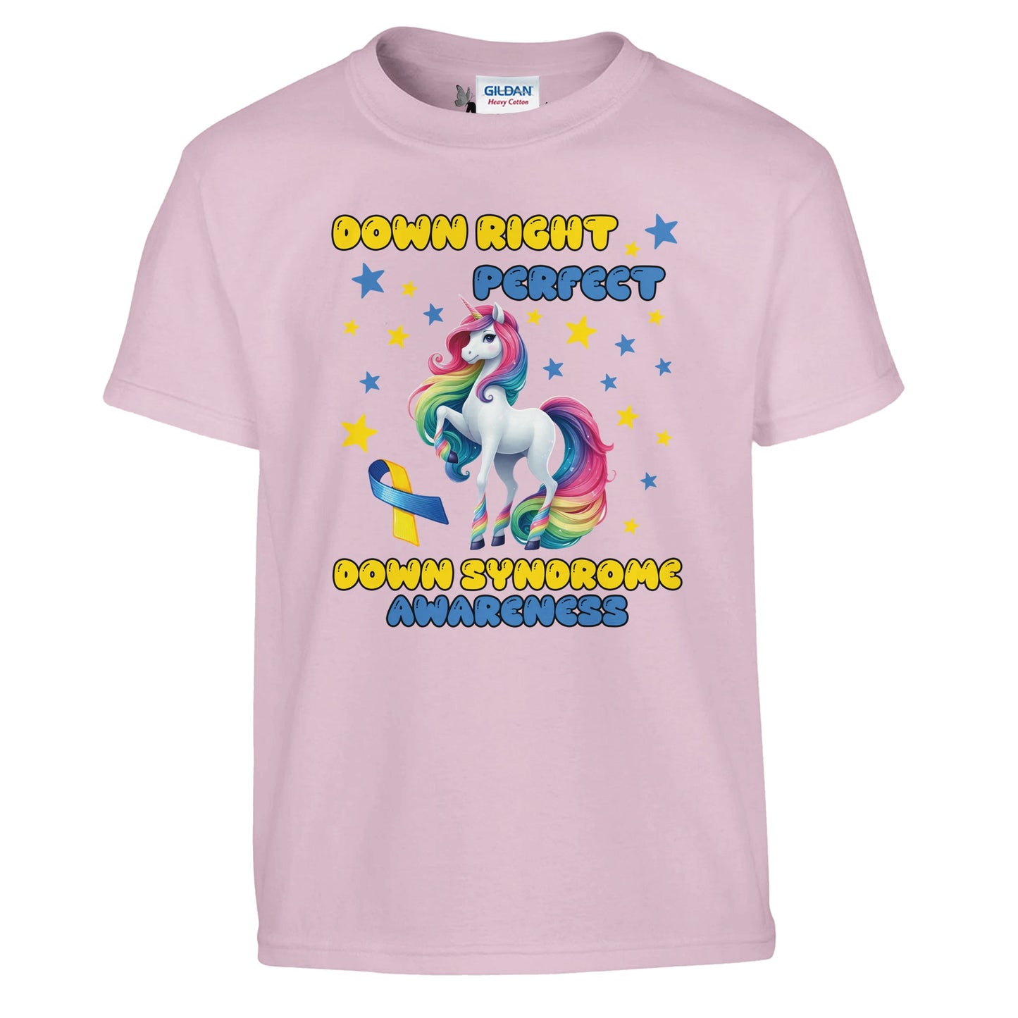 Pink Kids t-shirt with a unicorn graphic and 'Down Right Perfect' text on a white background