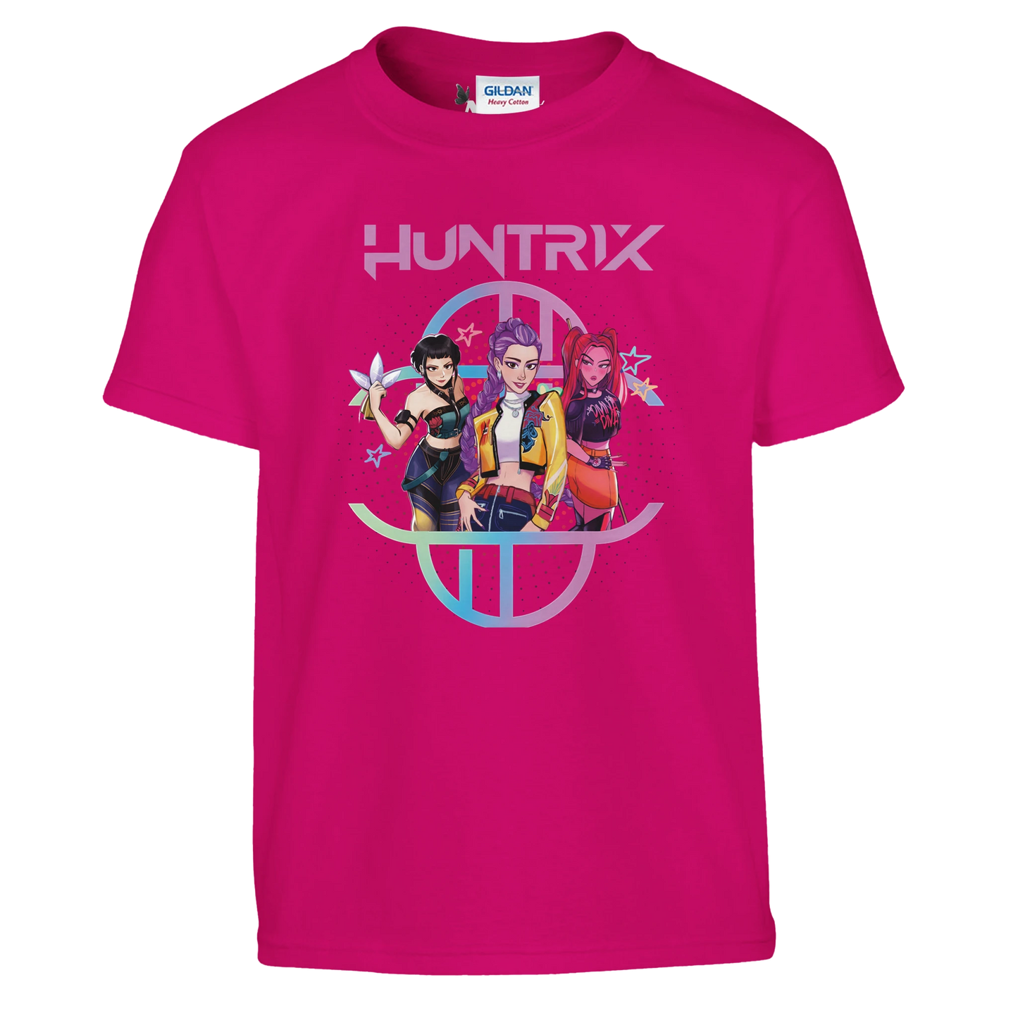 Pink t-shirt with 'HUNTRIX' design featuring three characters on a white background