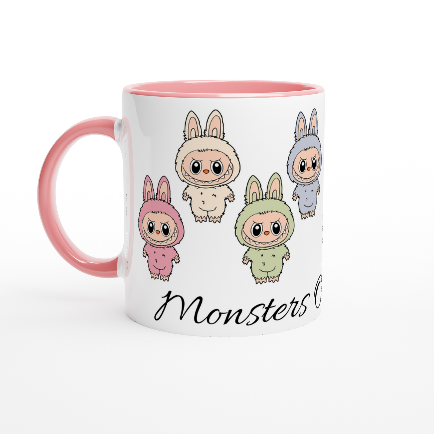 Mug with cartoon monsters in colorful costumes on a white background