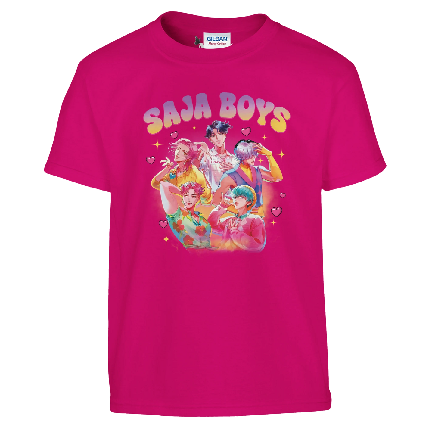 Pink t-shirt with 'Saja Boys' graphic design on a white background