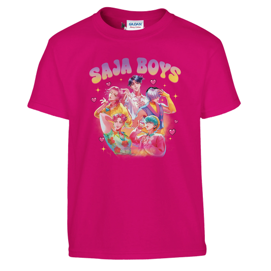 Pink t-shirt with 'Saja Boys' graphic design on a white background