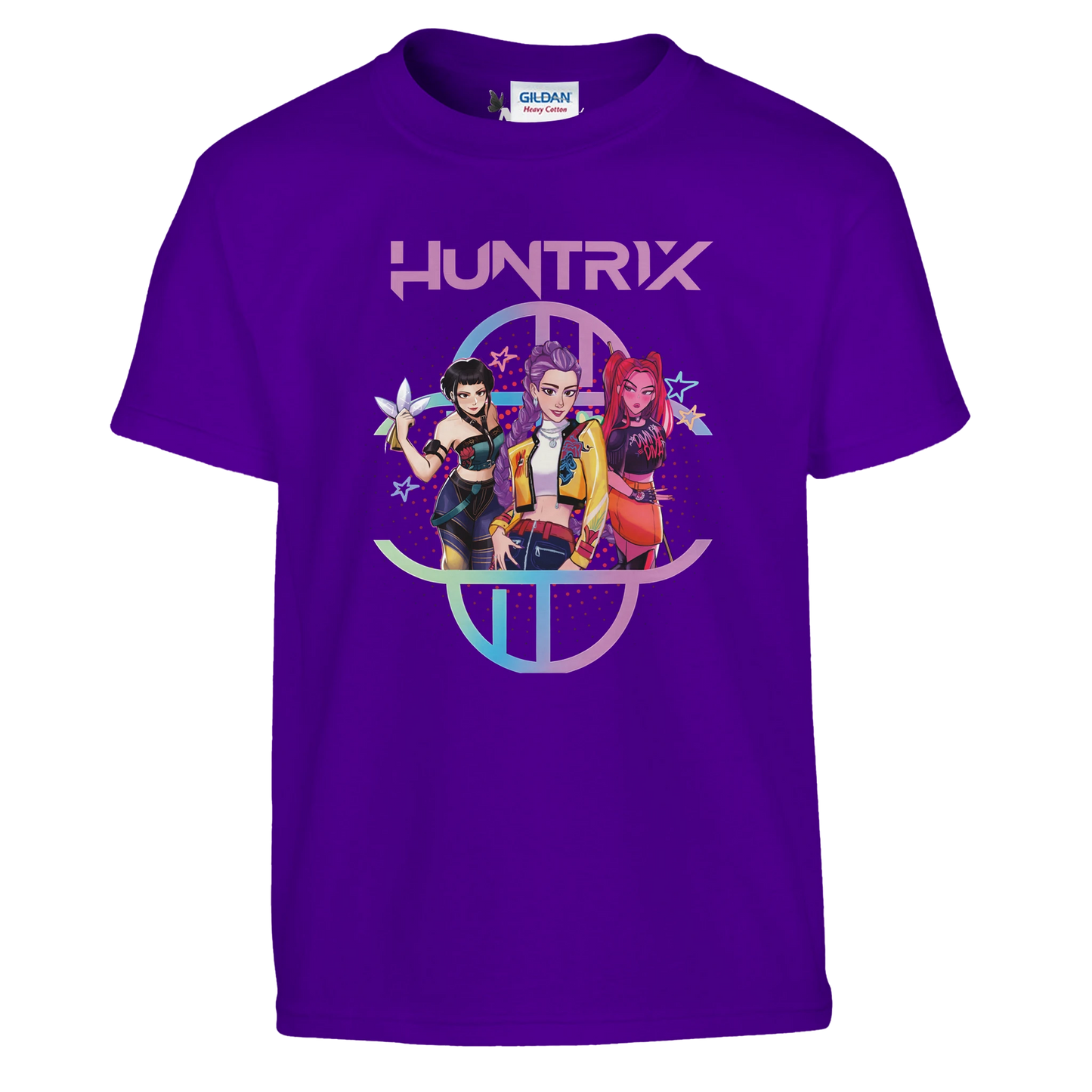 Purple t-shirt with 'HUNTRIX' design featuring three characters on a white background
