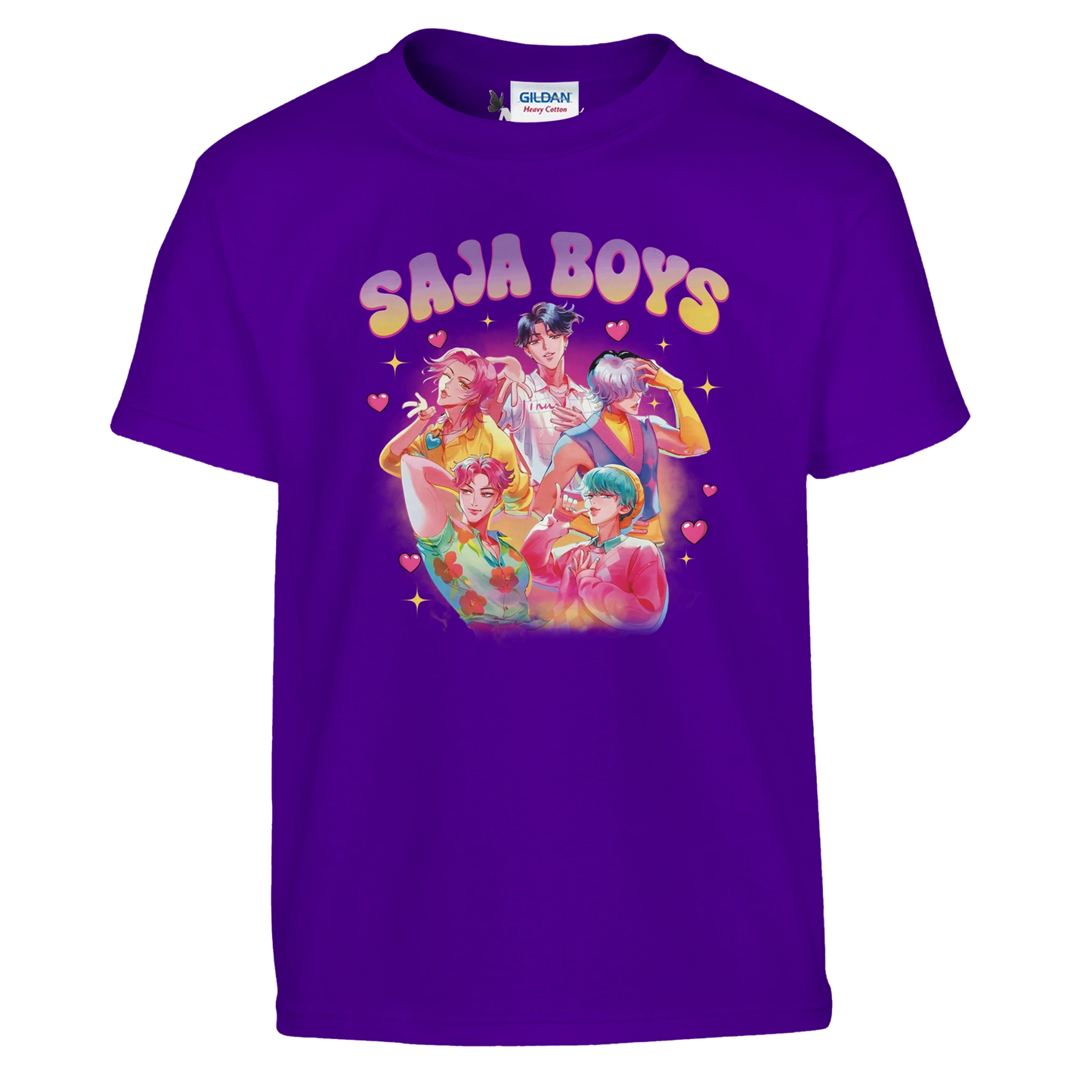 Purple t-shirt with 'Saja Boys' graphic design on a white background